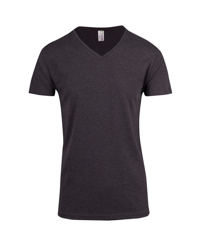 A men's marl v-neck t-shirt in a dark grey colour with a logo on the label.