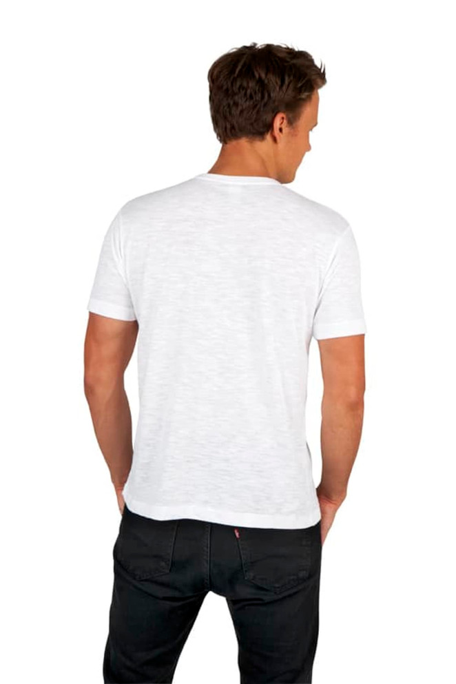 A lightweight white raw cotton T-shirt for men/unisex, featuring short sleeves and a simple design.