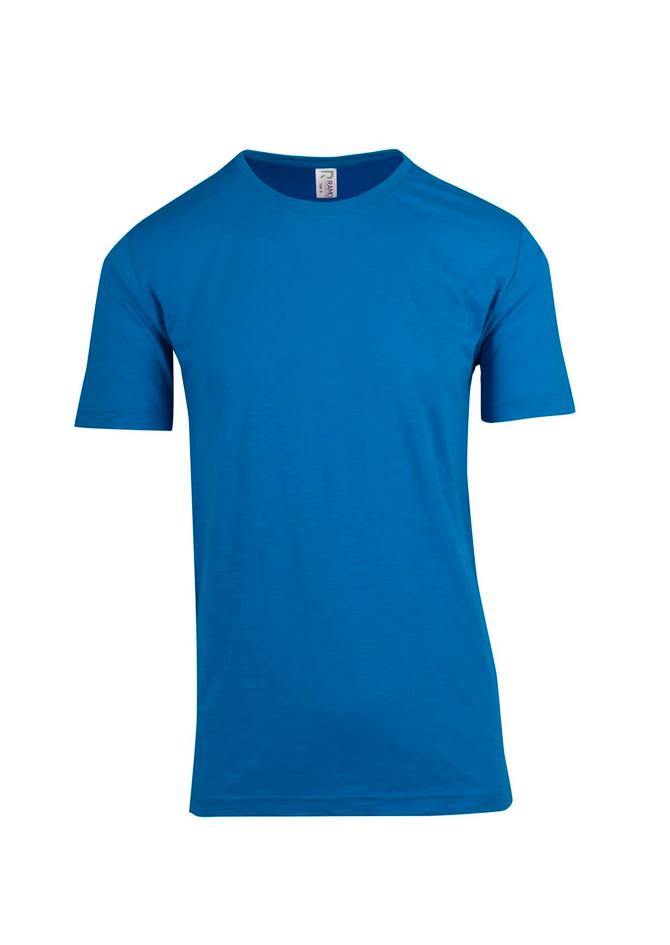 A blue raw cotton T-shirt featuring short sleeves and a crew neck. It has a discreet logo.
