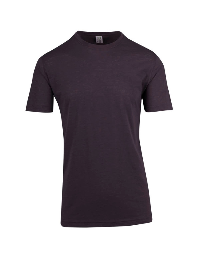 A black unisex raw cotton T-shirt with short sleeves, featuring a simple design and a logo.