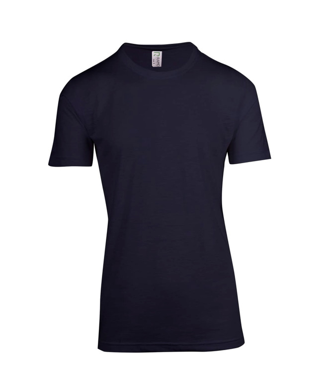 A plain navy blue raw cotton T-shirt with short sleeves and a logo on the label.