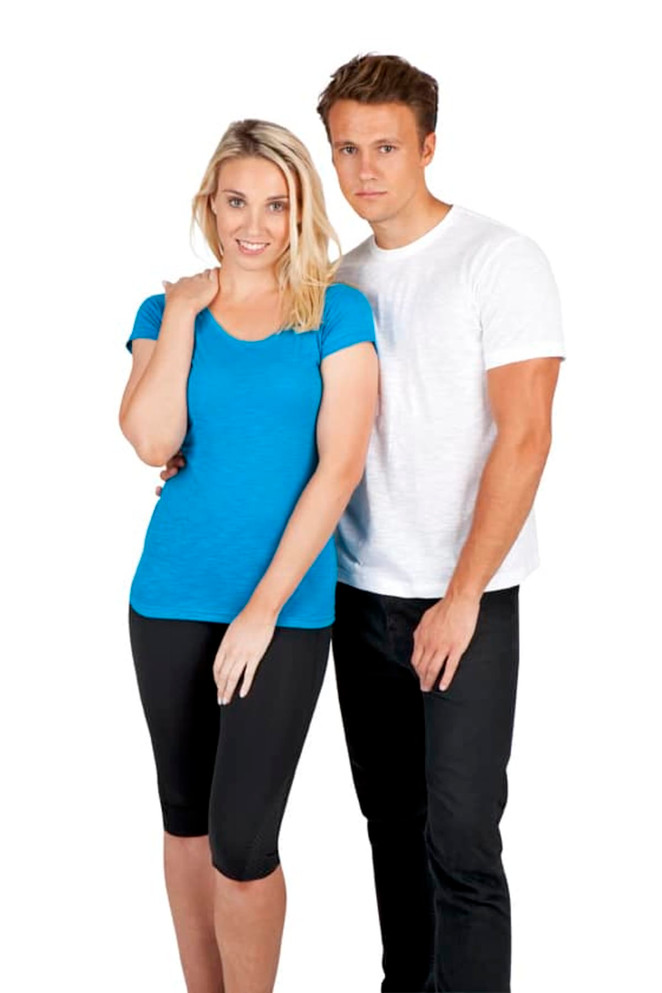 A blue women's T-shirt and a white men's T-shirt worn by models, showcasing the raw cotton material.