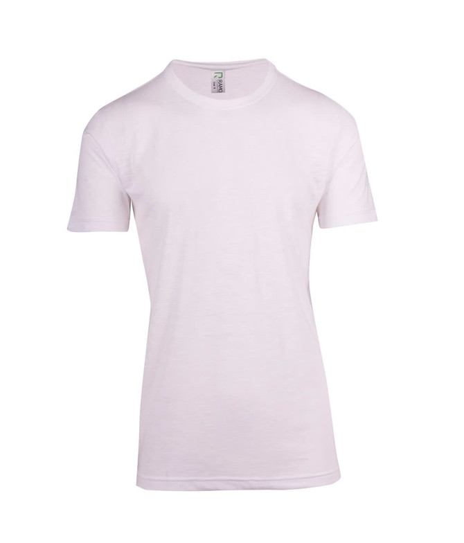 A white raw cotton T-shirt with a crew neck and short sleeves, featuring a branding label inside.