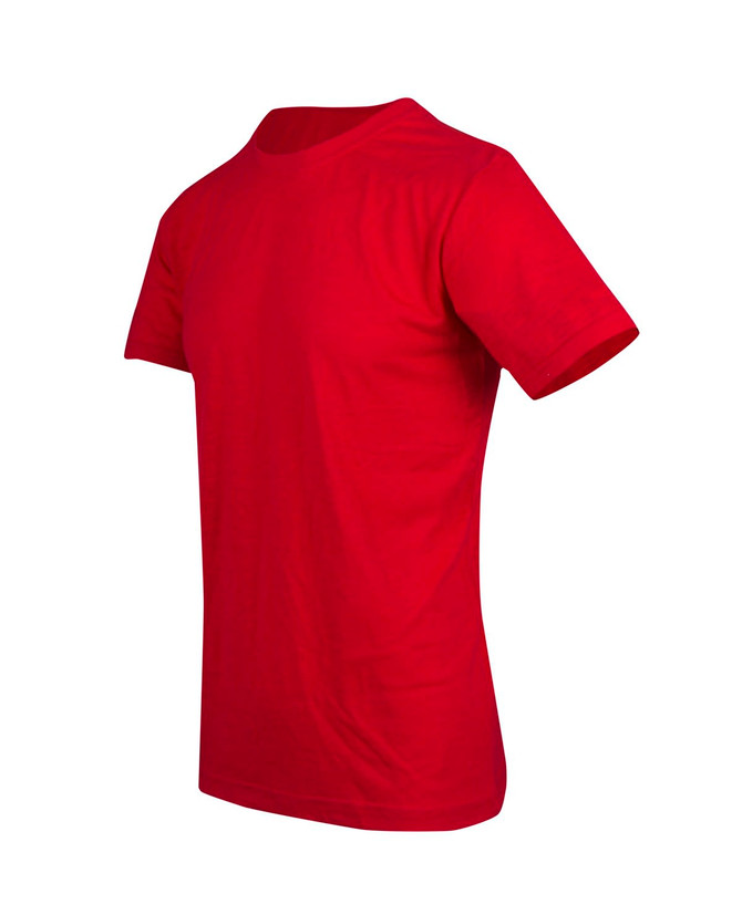 A red unisex raw cotton T-shirt with short sleeves and a simple design, featuring a logo.