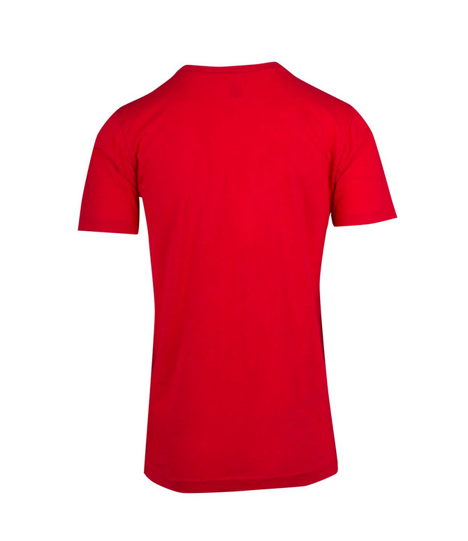 A red unisex raw cotton T-shirt with short sleeves and a plain back. Features a logo.