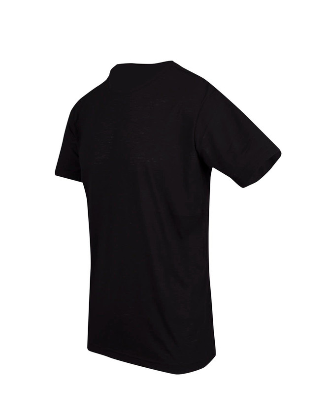 A black unisex raw cotton t-shirt with a simple design and a logo on the back.