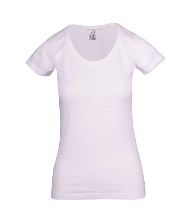 A white women's raw cotton wave T-shirt with a scoop neckline and short sleeves, featuring a logo on the label.