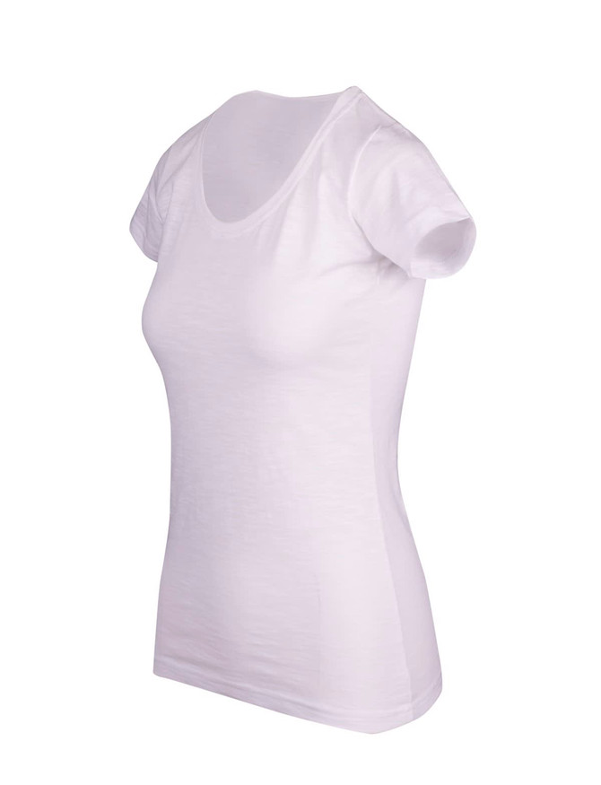 A white women's T-shirt with a scoop neckline and short sleeves, featuring a logo.