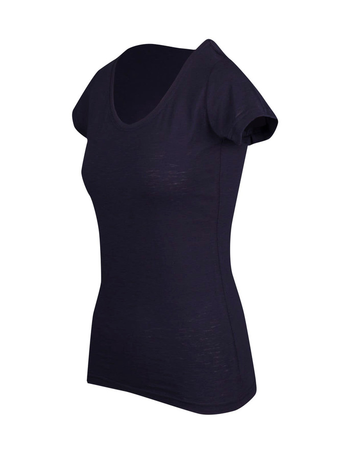 A navy blue women's t-shirt with a scoop neckline and short sleeves, featuring a subtle texture.