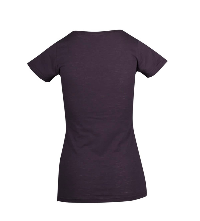 A women's raw cotton wave t-shirt in dark grey, featuring a simple, sleek design with a logo.