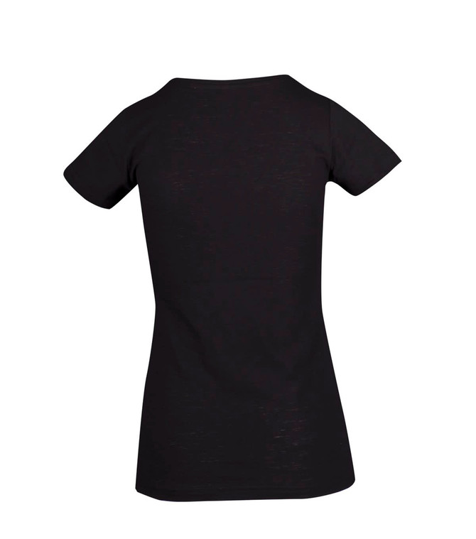 A black women's raw cotton wave T-shirt with a fitted design and short sleeves. The back view displays a simple silhouette.