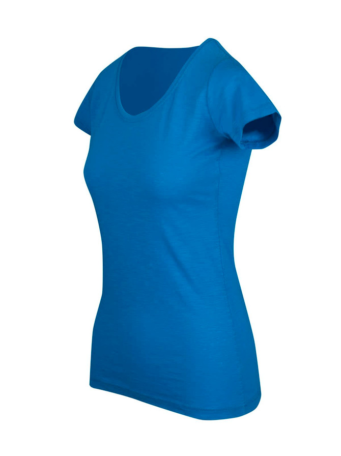 A fitted women's t-shirt in a vivid blue colour with short sleeves. It features a scoop neckline and has a logo.