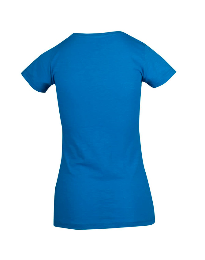 A blue women's T-shirt with a fitted design and short sleeves, featuring a logo on the back.