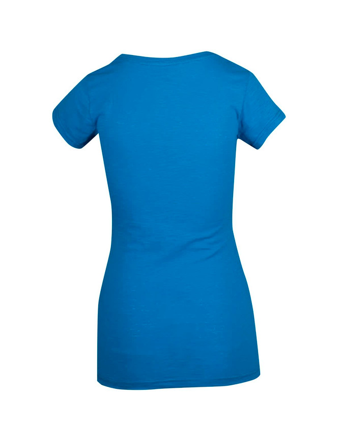 A blue women's raw cotton wave V-neck t-shirt with a fitted design and short sleeves. It has a logo on the back.