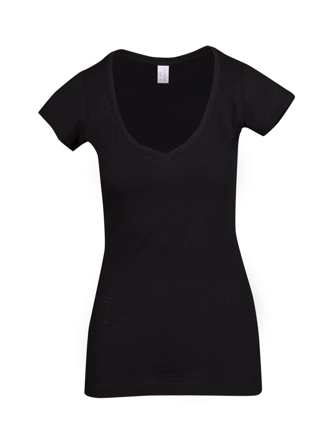 A black women's raw cotton wave V-neck t-shirt with short sleeves and a fitted design.