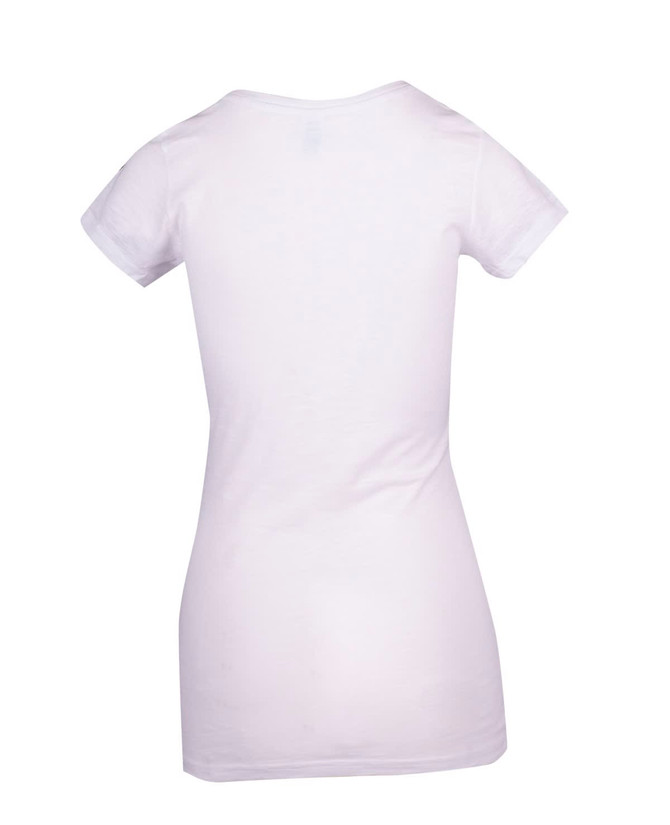 A white women's raw cotton wave V-neck T-shirt featuring a fitted design and short sleeves, with a logo at the back.