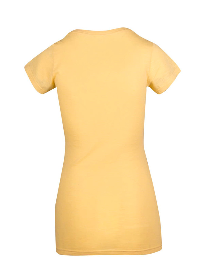 A yellow women's raw cotton t-shirt featuring a wave V-neck design and short sleeves, with a logo present.