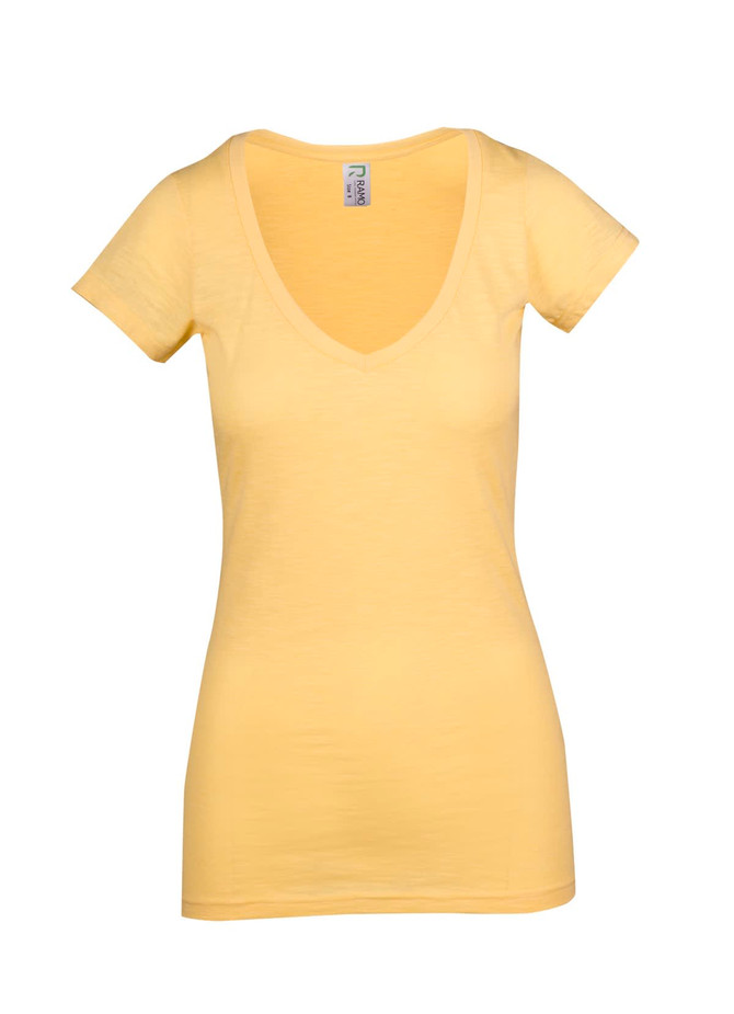 A women's raw cotton T-shirt in a vibrant yellow, featuring a V-neck design and short sleeves. It has a brand logo.