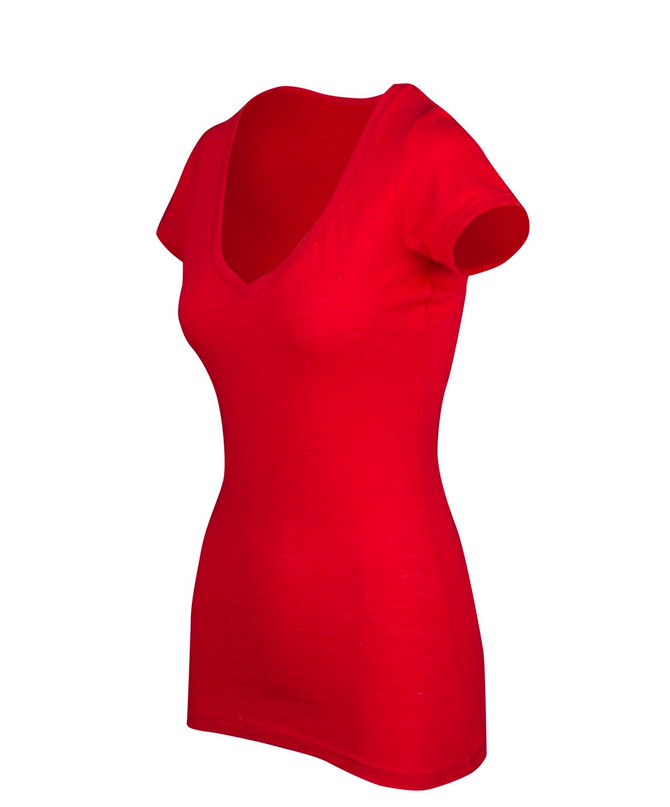 A red women's raw cotton wave V-neck T-shirt displayed at an angle, showcasing its fitted style and short sleeves.