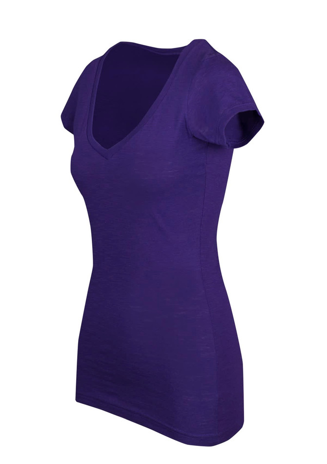 A purple women's raw cotton wave V-neck T-shirt with short sleeves and a fitted style.