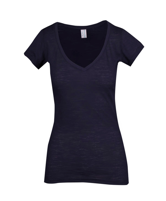 A women's raw cotton wave V-neck t-shirt in navy blue with short sleeves. Features a brand logo.