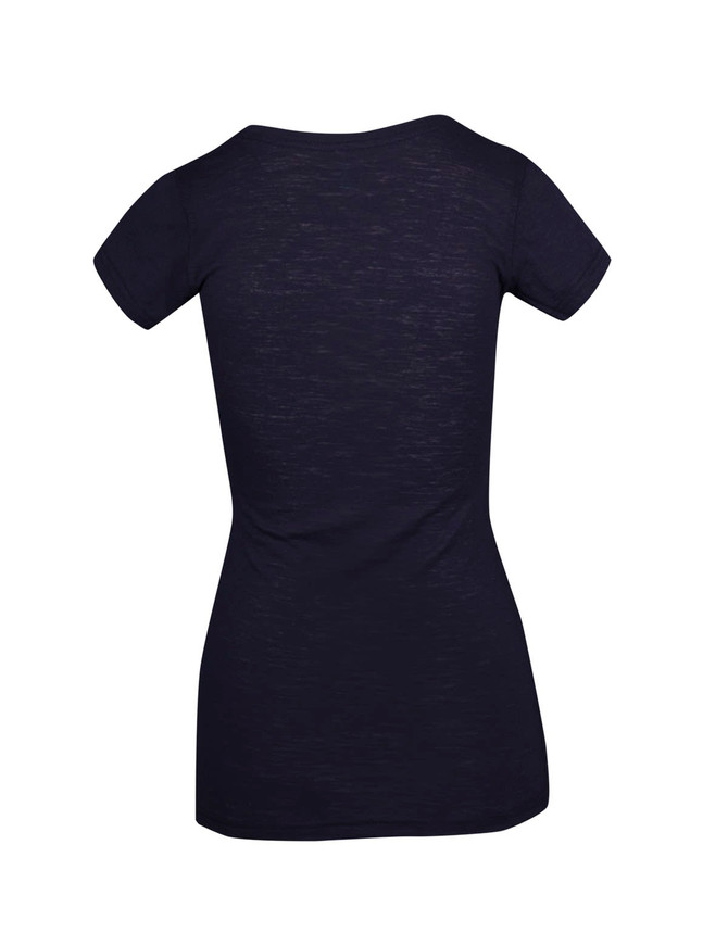 A women's raw cotton wave V-neck T-shirt in dark navy, featuring a fitted silhouette and short sleeves.