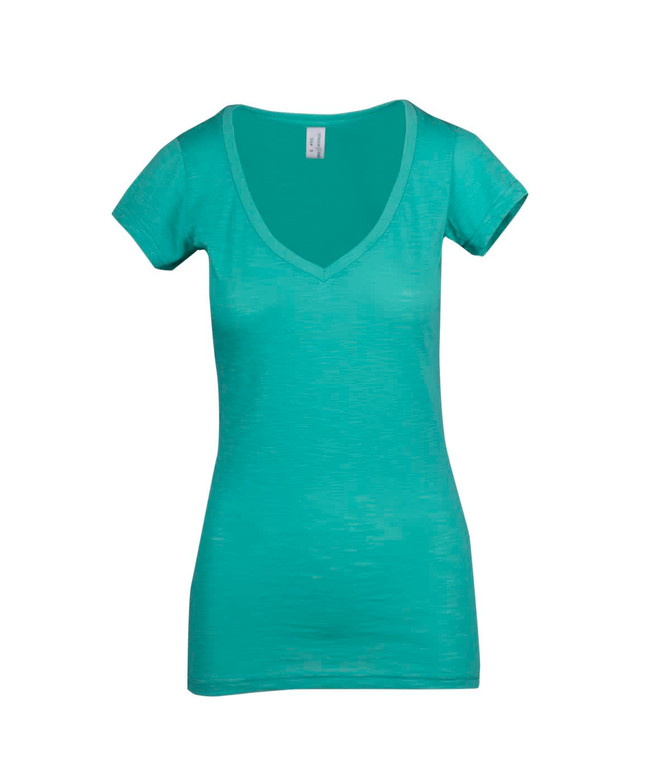 A teal women's raw cotton wave V-neck T-shirt with short sleeves and a fitted design.
