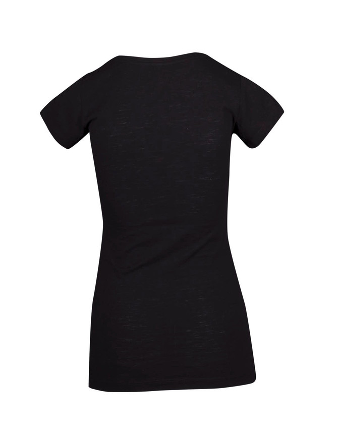 A black V-neck T-shirt with a fitted silhouette, made from raw cotton, featuring short sleeves and no visible branding.
