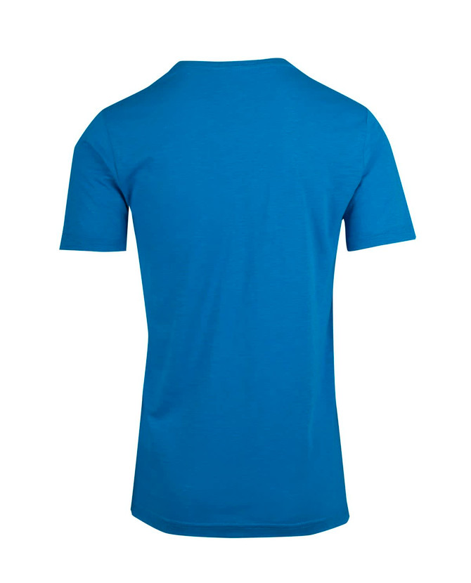 A blue men's/unisex raw cotton V-neck t-shirt with short sleeves, featuring a logo on the back.