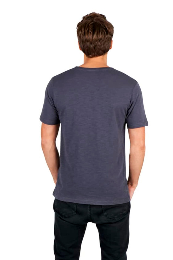 A navy blue men's unisex raw cotton wave V-neck T-shirt viewed from the back, featuring short sleeves.