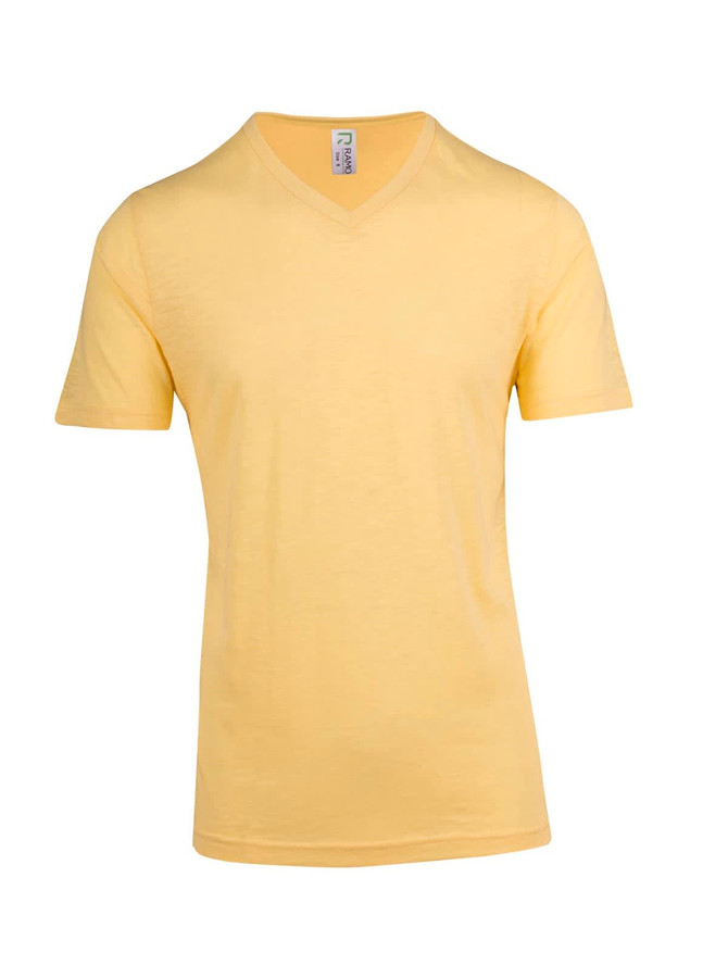 A yellow men's/unisex raw cotton wave V-neck T-shirt with short sleeves and a logo on the label.