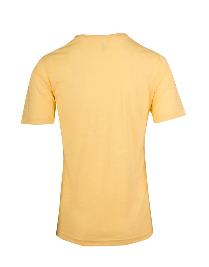 A yellow men's/unisex raw cotton wave V-neck T-shirt with a simple design and no visible branding.