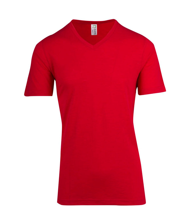 A red unisex raw cotton V-neck T-shirt with short sleeves and a label inside.