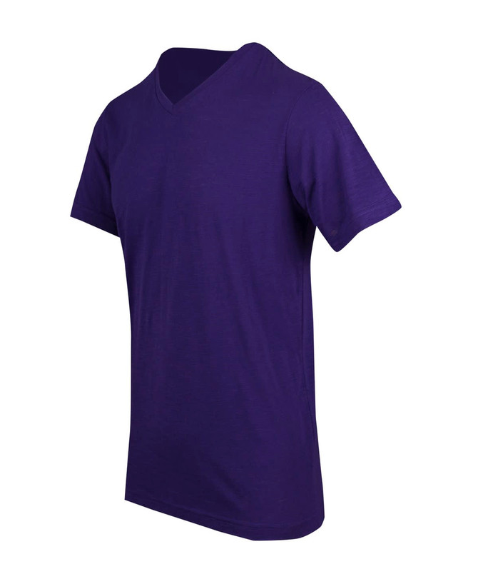 A purple men's/unisex raw cotton wave V-neck T-shirt with short sleeves and a relaxed fit. Features a logo.