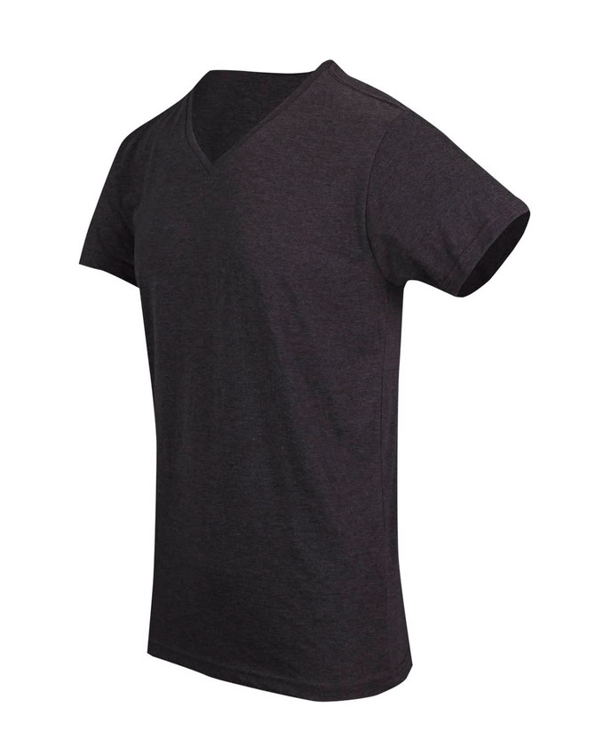 A dark grey unisex raw cotton wave V-neck T-shirt with short sleeves and a logo on the front.