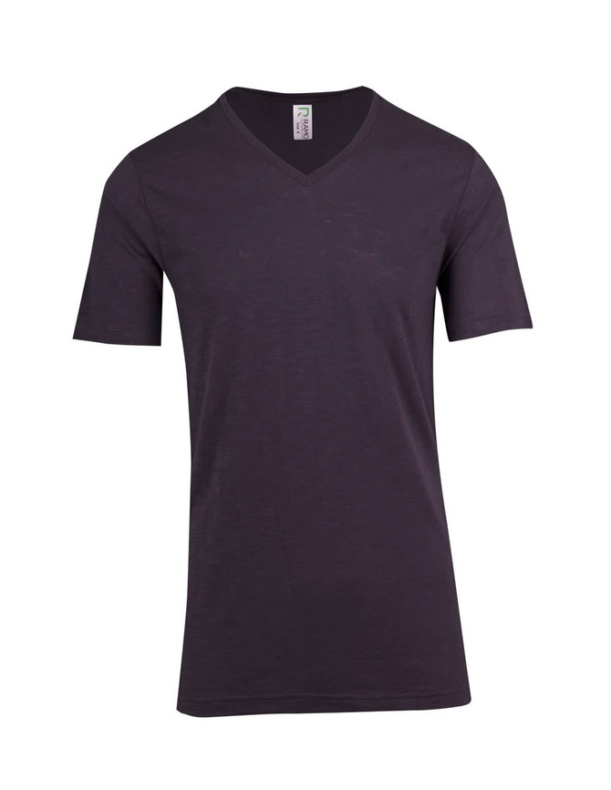 A dark grey unisex raw cotton V-neck T-shirt with short sleeves and a simple design. It features a brand logo.