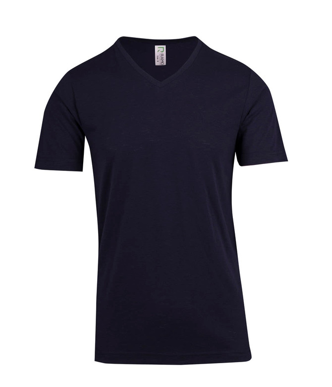 A navy blue unisex raw cotton V-neck T-shirt with short sleeves and a logo on the label.