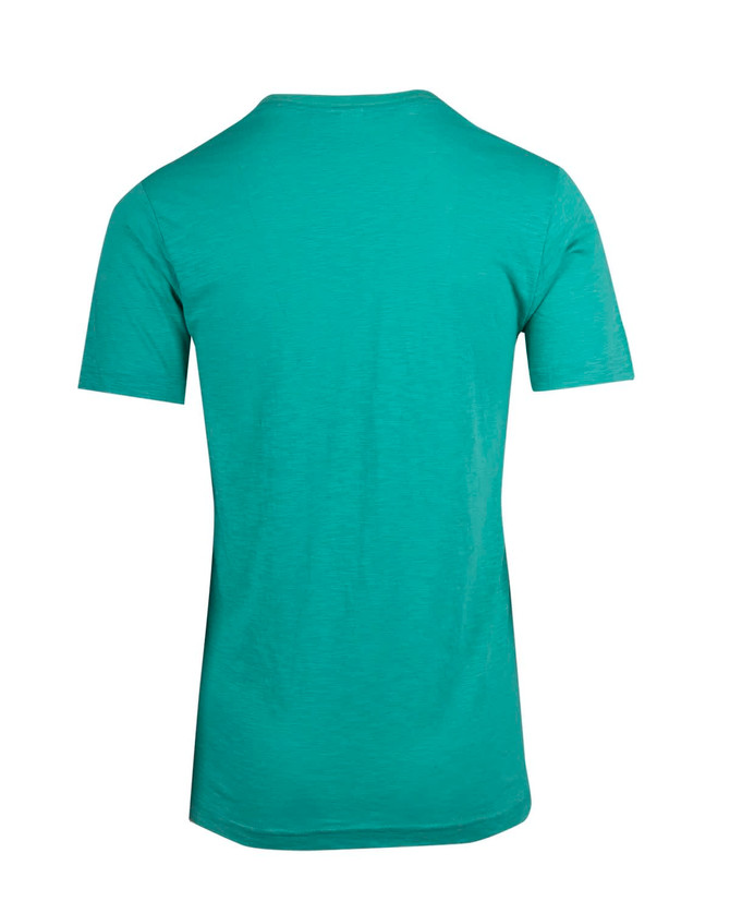 A men's unisex raw cotton wave V-neck T-shirt in teal, featuring a plain design with no visible logos.