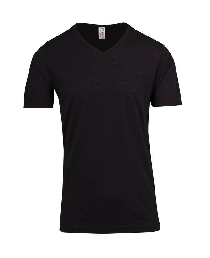 A black raw cotton V-neck T-shirt with short sleeves and a logo on the label.