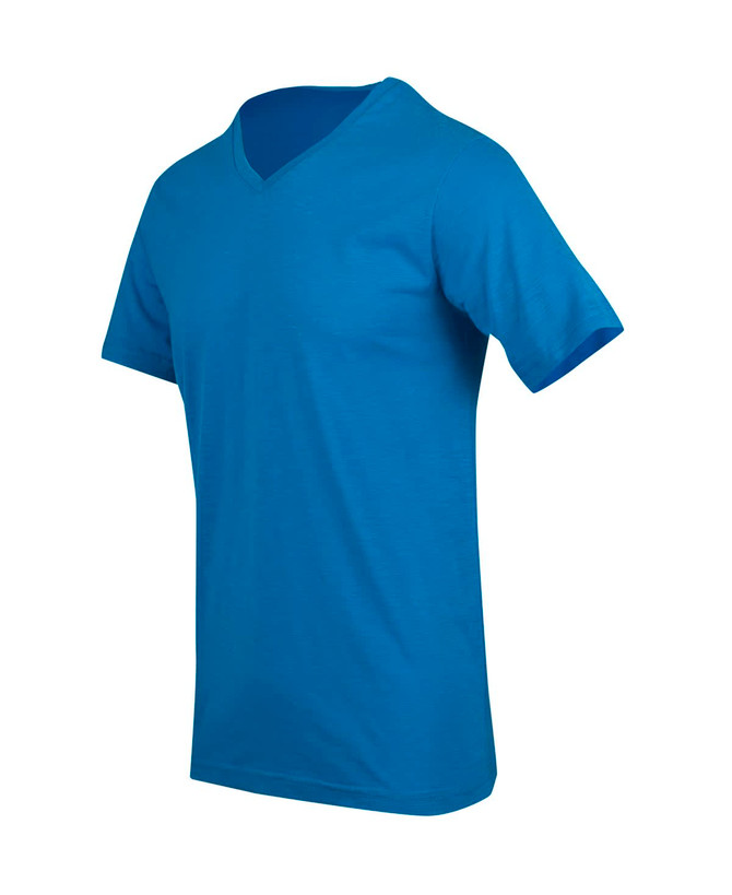 A vibrant blue men's/unisex raw cotton wave V-neck T-shirt with short sleeves and a branding logo.