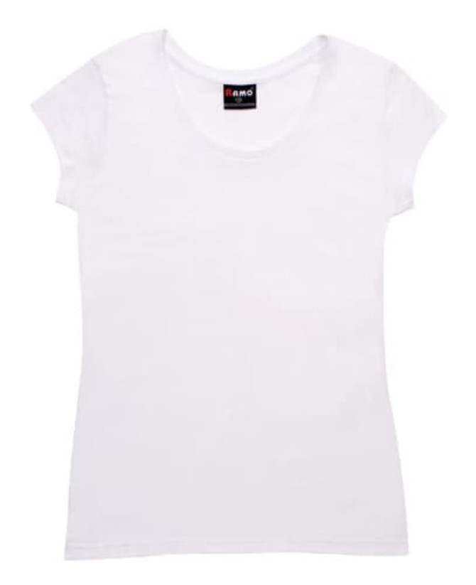 A white women's jersey scoop neck T-shirt with short sleeves and a branded tag at the neckline.