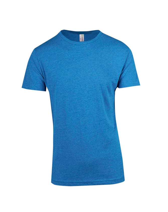 A blue marl crew neck T-shirt featuring short sleeves and a plain design. It has a logo on the label.