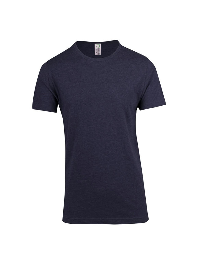 A unisex navy marl crew neck T-shirt featuring short sleeves and a simple design. It has a label inside.