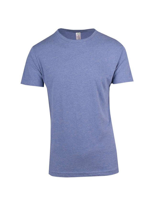A unisex marl crew neck T-shirt in a light blue colour, featuring a simple design and a tag label.