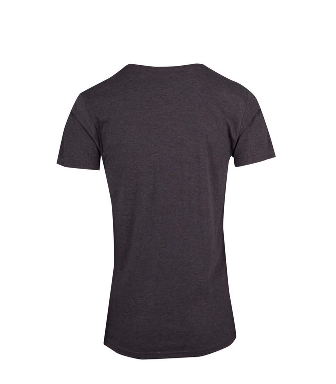 A dark grey marl crew neck T-shirt with short sleeves, featuring a logo on the back.