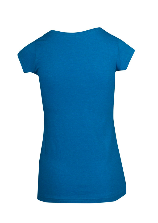 A blue women's scoop neck T-shirt featuring short sleeves and a fitted design. Includes branding.
