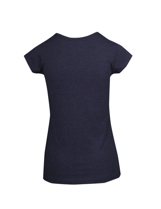 A navy women's marl scoop neck t-shirt with short sleeves and a fitted cut, featuring a branding logo.
