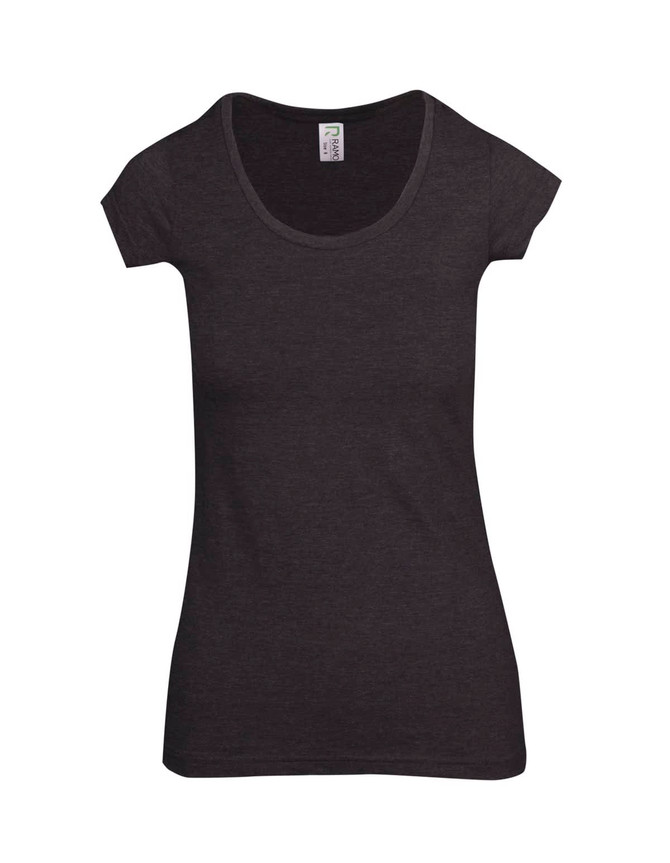 A dark grey women's scoop neck T-shirt with short sleeves and a small label inside.