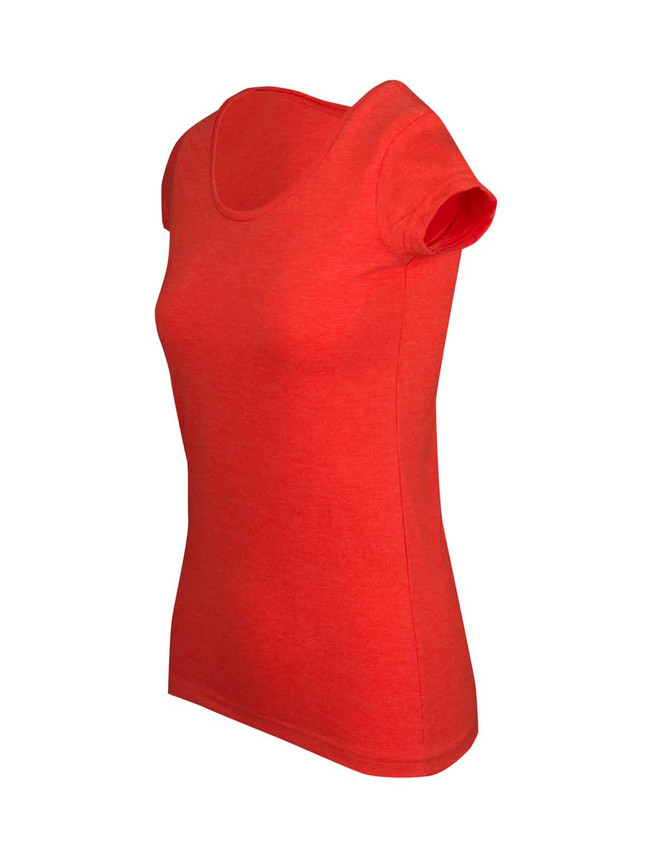 A red women's marl scoop neck t-shirt with short sleeves, featuring a fitted design and a visible logo.