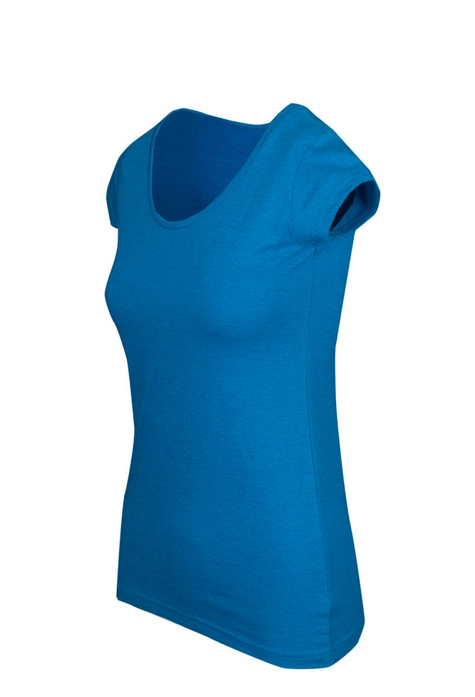 A women's blue marl scoop neck T-shirt displayed on a white background. It has a fitted shape and short sleeves.